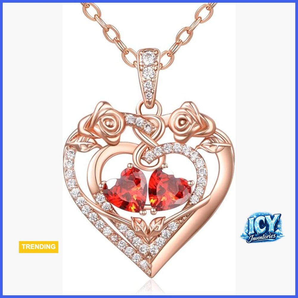 925 Sterling Silver Double Rose Heart Birthstone Pendant Necklace